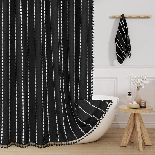 Boho Farmhouse Tassel Linen Shower Curtain,3D Embroidery Stripe Black,72x72