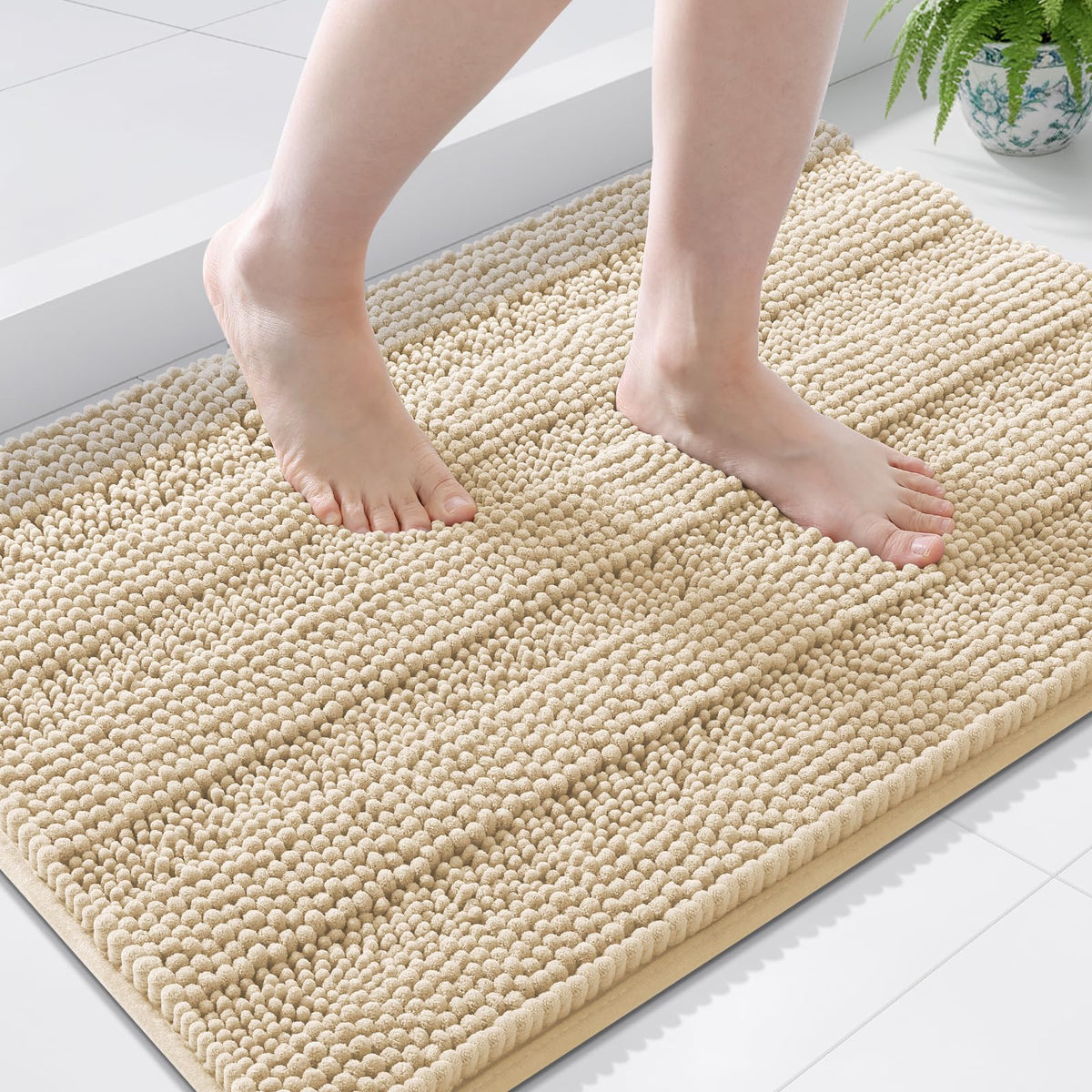 Grandaily Chenille Striped Bathroom Rugs 36x24, Extra Thick and Absorbent Bath Mats, Non-Slip Soft Plush Shaggy Shower Carpet, Machine Wash Dry, Bath Rug for Bathroom, (Large, Light Grey)