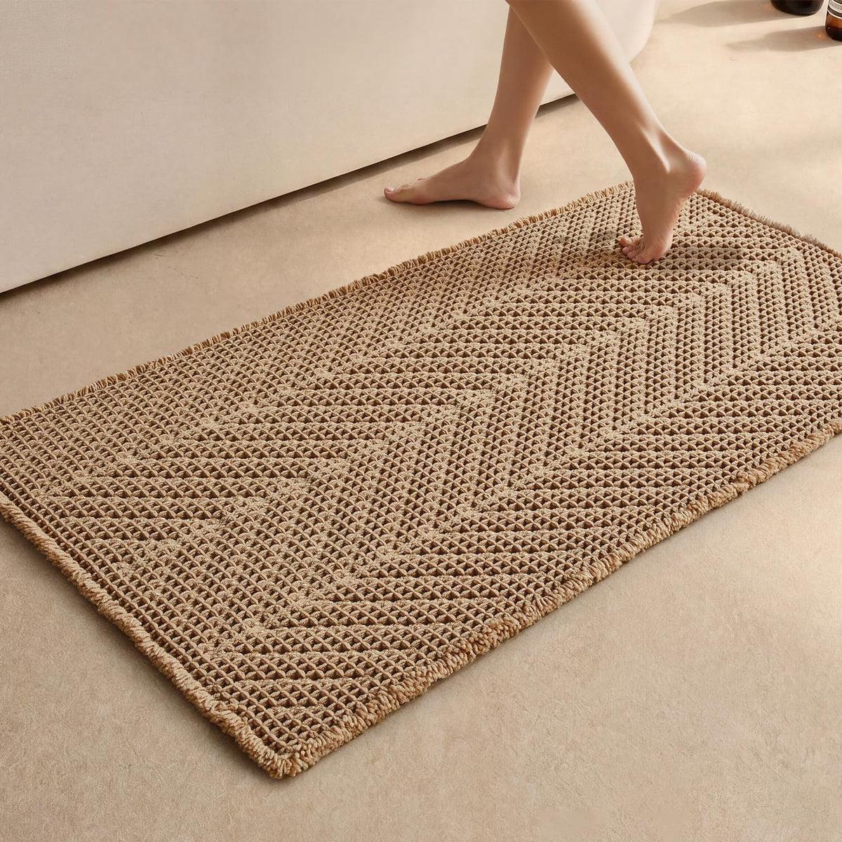 Sunfly Boho Bathroom Rug, Herringbone Waffle Bath Mat Non-Slip Washable Super Absorbent Quick Dry, Farmhouse Bath Mat for Bathroom Floor Decor 20"*30" Khaki