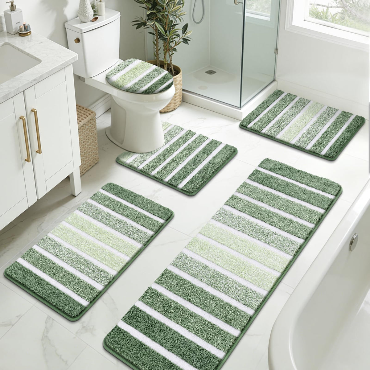 Yamaziot Sage Green Bathroom Rug Set 5 Piece Washable Non Slip Striped Mat