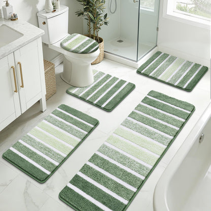 Yamaziot Sage Green Bathroom Rug Set 5 Piece Washable Non Slip Striped Mat