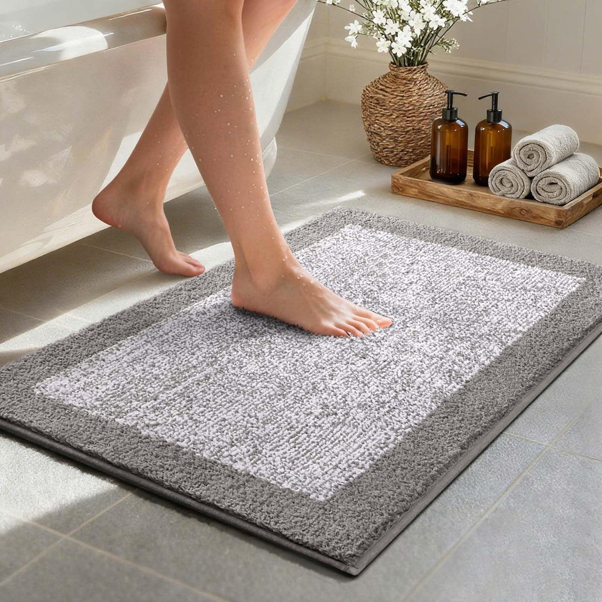 Long 2x4 Ft (48''x24'') Bathroom Rugs, Non Slip Washable Bath Mat Grey