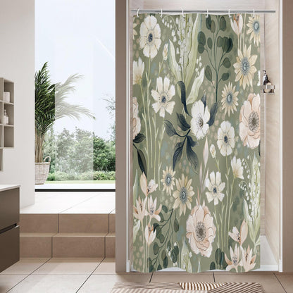 Boho Floral Shower Curtain, Vintage Botanical Fabric Curtain, 72 x 72