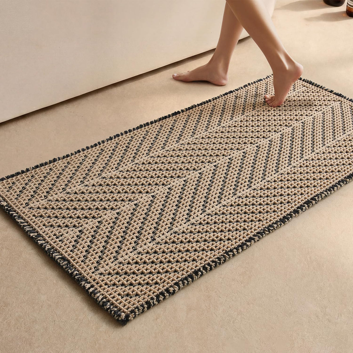 Sunfly Boho Bathroom Rug, Herringbone Waffle Bath Mat Non-Slip Washable Super Absorbent Quick Dry, Farmhouse Bath Mat for Bathroom Floor Decor 20"*30" Khaki