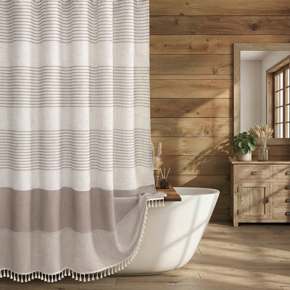 Navy Blue Coastal Ocean Linen Striped Shower Curtain with Tassel 72W X 72L