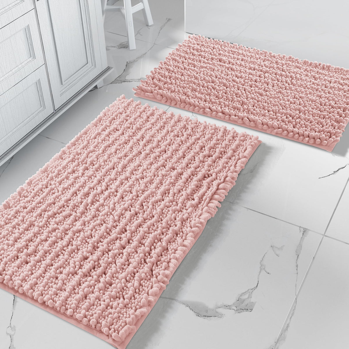 Yimobra Bathroom Rugs Sets 2 Piece - Quick Dry Extra Thick Luxury Chenille Bath Mat, Non Slip Super Absorbent for Tub Shower Sink, Machine Washable Shaggy Floor Mat, 32"x20"+24"x17" Inch, Pale Khaki