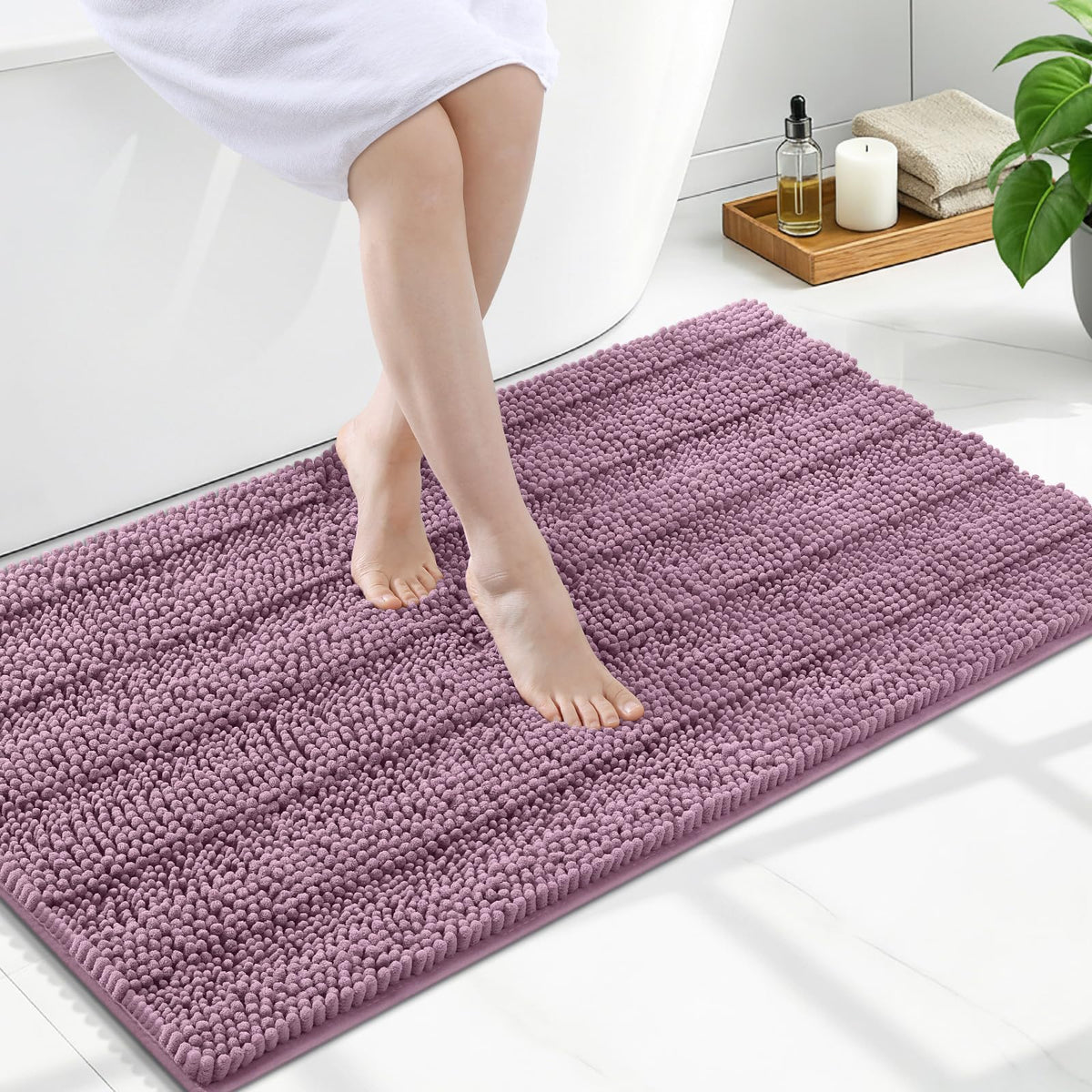 Grandaily Chenille Striped Bathroom Rugs 36x24, Extra Thick and Absorbent Bath Mats, Non-Slip Soft Plush Shaggy Shower Carpet, Machine Wash Dry, Bath Rug for Bathroom, (Large, Light Grey)