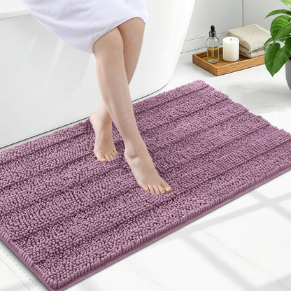 Grandaily Chenille Striped Bathroom Rugs 36x24, Extra Thick and Absorbent Bath Mats, Non-Slip Soft Plush Shaggy Shower Carpet, Machine Wash Dry, Bath Rug for Bathroom, (Large, Light Grey)