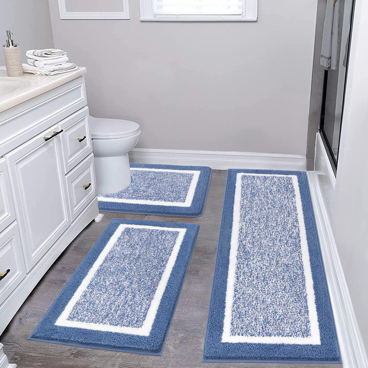 Pauwer Bathroom Rugs 3 Piece Set, Non Slip Washable Bath Mat, Dark Grey