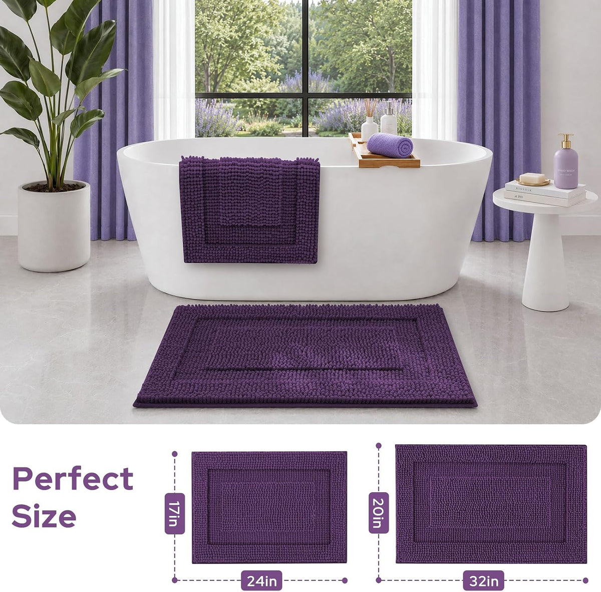 HOMEIDEAS Chenille Purple Bathroom Rugs Sets 2 Piece 17" x 24" + 20" x 32"