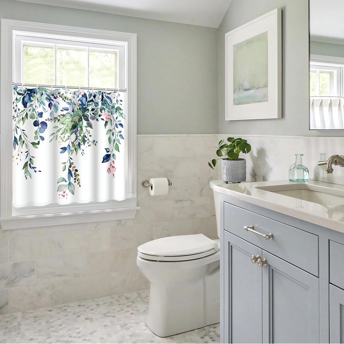 Blue and Green Eucalyptus Shower Window Curtain 40x36 Inch