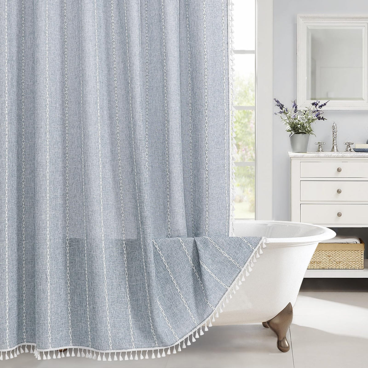 Boho Farmhouse Tassel Linen Shower Curtain,3D Embroidery Stripe Black,72x72
