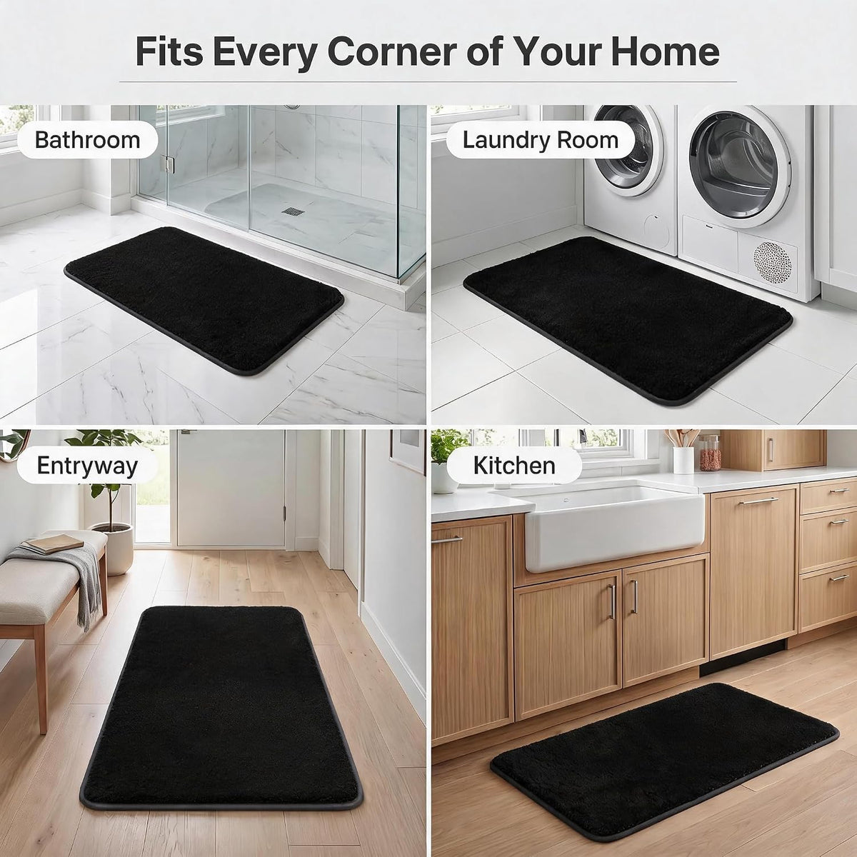 Bathroom Rugs Set 2 Piece Non Slip Soft Absorbent Plush Bath Mats(Black)