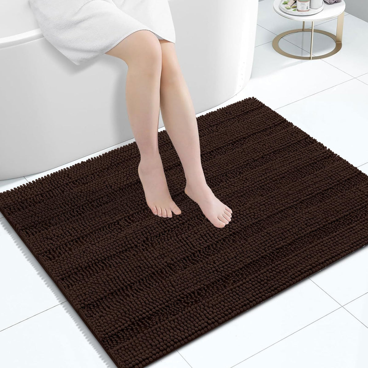 Grandaily Chenille Striped Bathroom Rugs 36x24, Extra Thick and Absorbent Bath Mats, Non-Slip Soft Plush Shaggy Shower Carpet, Machine Wash Dry, Bath Rug for Bathroom, (Large, Light Grey)