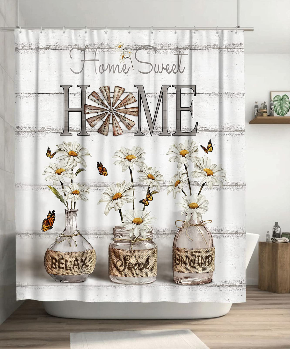 Tijuboni Farmhouse Shower Curtain Cotton Flowers Shower Curtains for Neutral Country Bathroom Decor Rustic Shower Curtain Set Waterproof Polyester Fabric 60 x 72 Inch