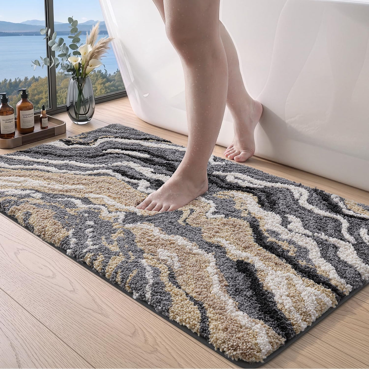 DEXI Marble Bath Mats 36x24, Bathroom Rugs Non Slip Machine Washable, Grey