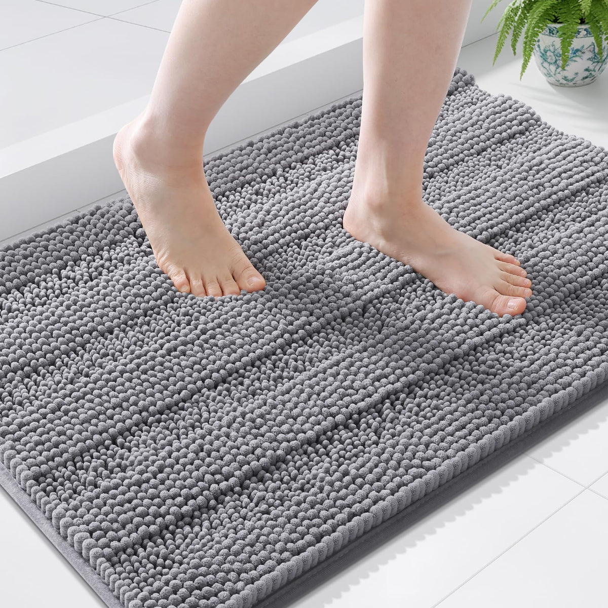 Grandaily Chenille Striped Bathroom Rugs 36x24, Extra Thick and Absorbent Bath Mats, Non-Slip Soft Plush Shaggy Shower Carpet, Machine Wash Dry, Bath Rug for Bathroom, (Large, Light Grey)