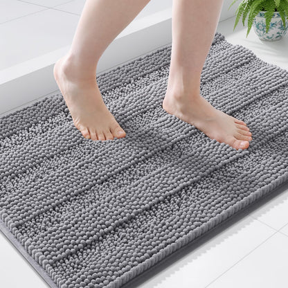 Grandaily Chenille Striped Bathroom Rugs 36x24, Extra Thick and Absorbent Bath Mats, Non-Slip Soft Plush Shaggy Shower Carpet, Machine Wash Dry, Bath Rug for Bathroom, (Large, Light Grey)