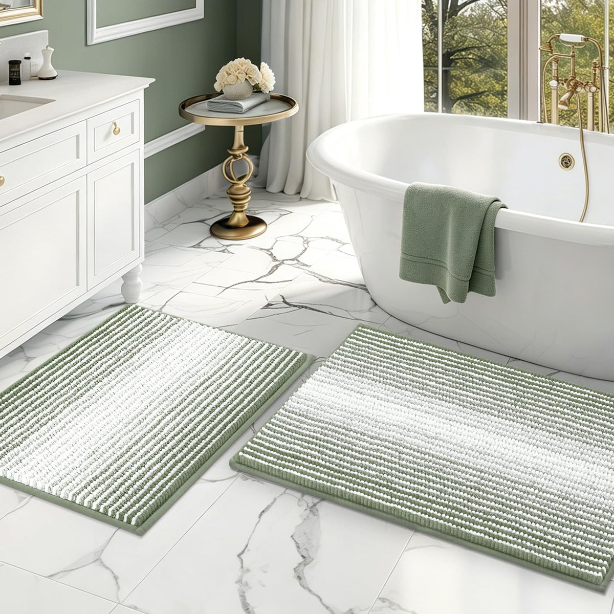 BSICPRO Bathroom Rugs Sets 2 Piece, Non Slip Striped Bath Mats, Fog Blue