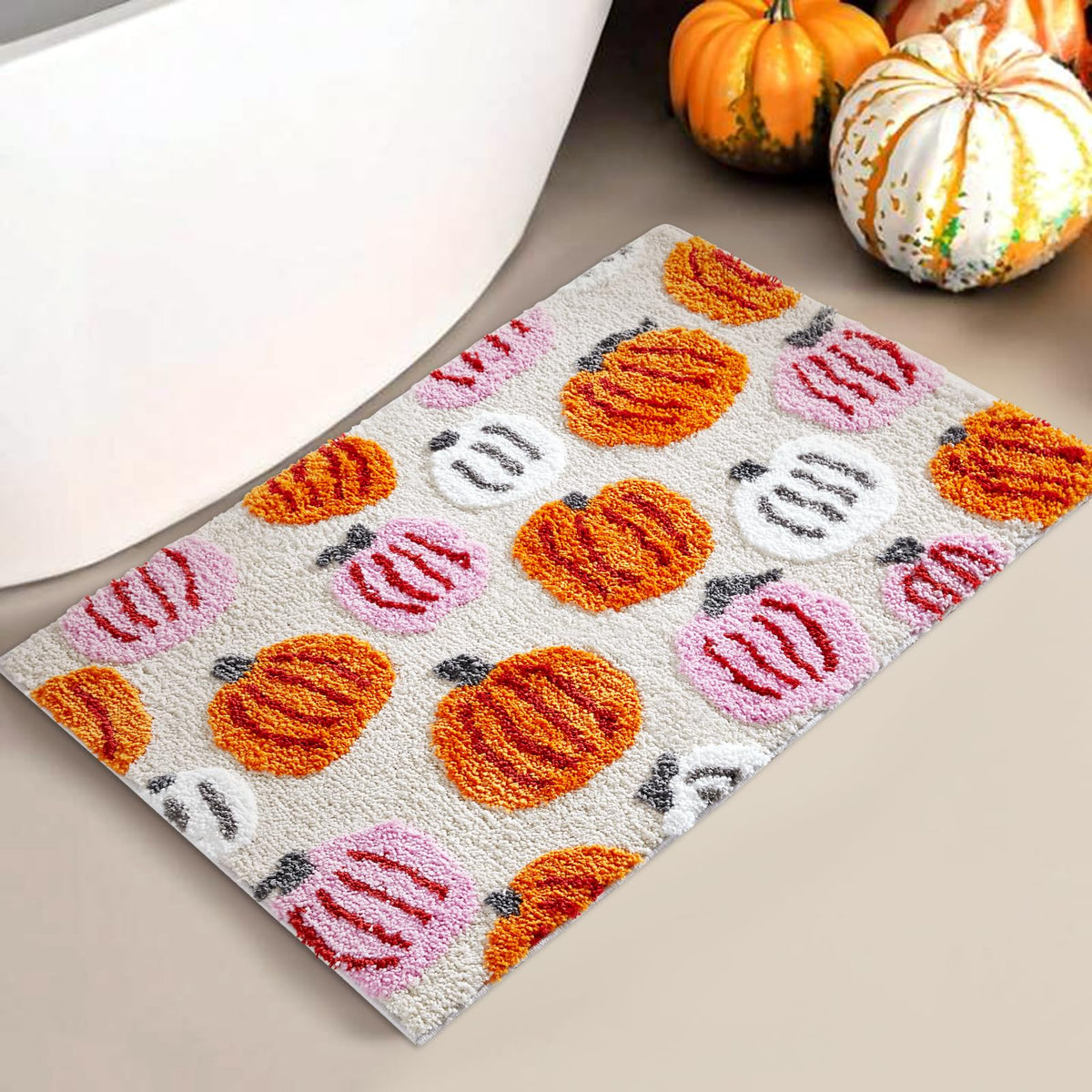 Burnt Orange Pumpkins Bath Mats Non Slip Washable, Microfiber Boho Cute Fall Autumn Bath Rug Absorbent, 16’’W x 24’’L Rustic Farmhouse Country Fall Bathroom Mat Aesthetic Decor