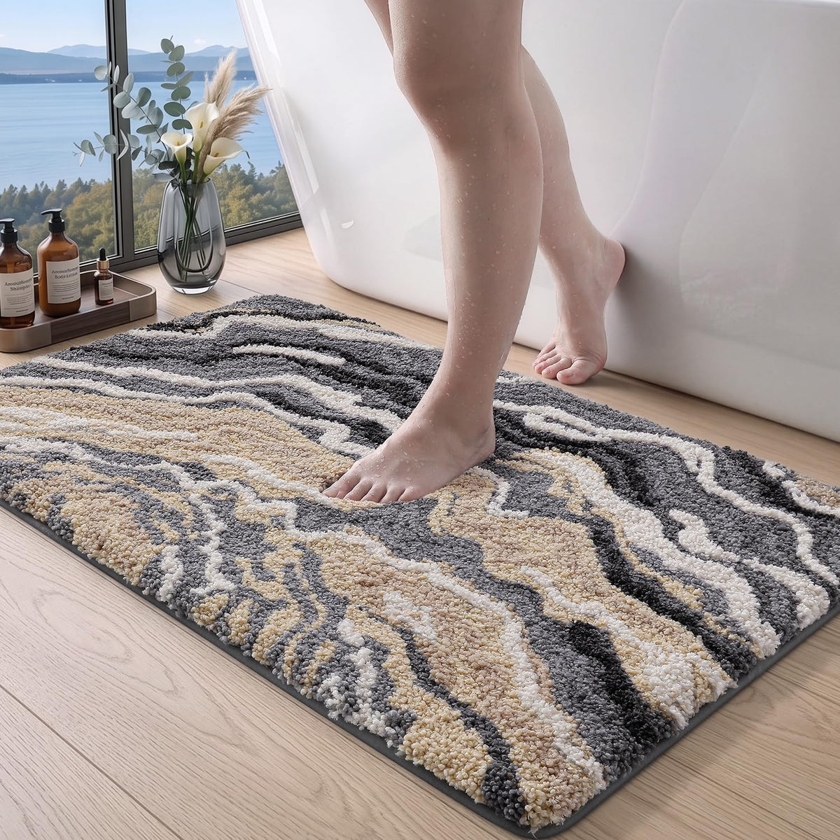 DEXI Marble Bath Mats 36x24, Bathroom Rugs Non Slip Machine Washable, Grey