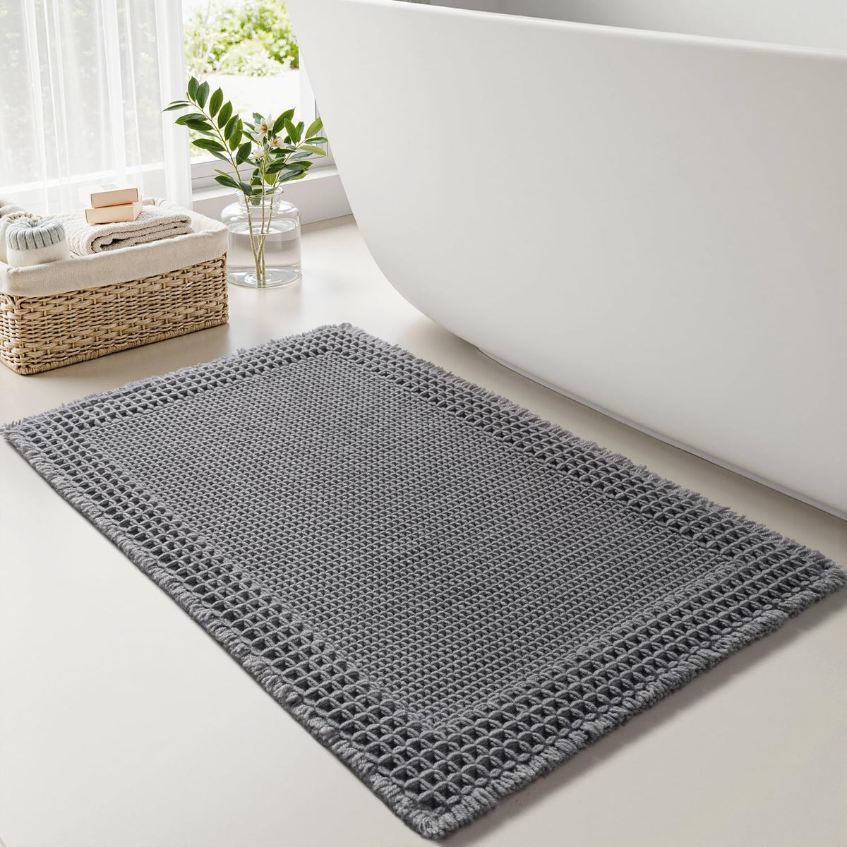 RESARE Waffle Bathroom Runner Rugs, Non Slip Boho Bath Mat 24"x72" Brown