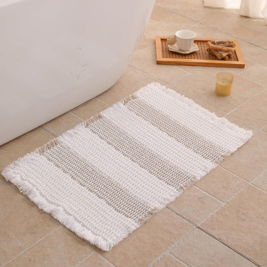 Waffle Bath Mat Non Slip, Boho Bathroom Rug, White/Taupe, 16"x24"