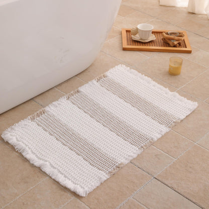 Waffle Bath Mat Non Slip, Boho Bathroom Rug, White/Taupe, 16"x24"