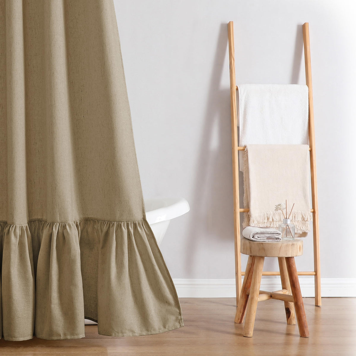 QiyI Boho Ruffle Shower Curtain, Linen Blend Fabric, Natural, 72 x 72