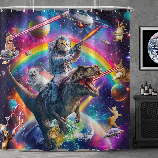 Funny Cat Dinosaur Shower Curtain Fun Cool Colorful Space Cats Shower Curtains for Bathroom Fantasy Galaxy Universe Anime Kids Waterproof Fabric Bath Curtain Decor 72 X 72 Inches