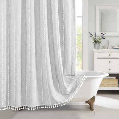 Boho Farmhouse Tassel Linen Shower Curtain,3D Embroidery Stripe Black,72x72