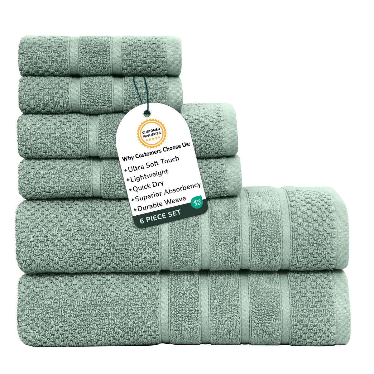 Feather & Stitch 100% Cotton 625 GSM Bath Towel Set of 6, Ultra Soft Highly Absorbent 2 Bath Towels, 2 Hand Towels & 2 Washcloth - Luxury Quick Dry Shower Towels (Ivory)