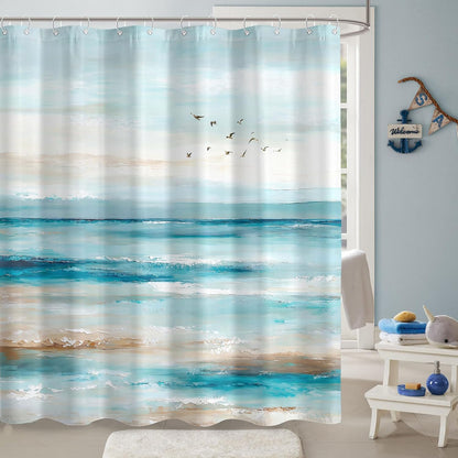 Accnicc Abstract Beach Shower Curtain Ocean Art Oil Painting Shower Curtains for Bathroom Teal Blue Coastal Seagull Waterproof Fabric Bath Curtain Decor 72 X 72 Inches