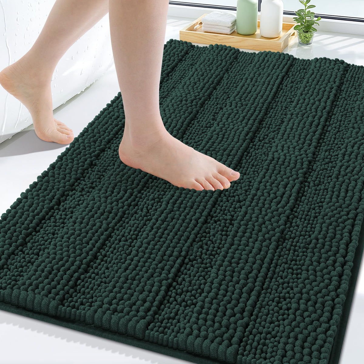Grandaily Chenille Striped Bathroom Rugs 36x24, Extra Thick and Absorbent Bath Mats, Non-Slip Soft Plush Shaggy Shower Carpet, Machine Wash Dry, Bath Rug for Bathroom, (Large, Light Grey)
