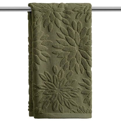 Artoid Mode 2 Pcs Olive Green 3D Dahlia Floral Jacquard Hand Towels for Bathroom, Cotton Soft Absorbent Bathroom Decor Towels, 13.7 x 29.5 Inch