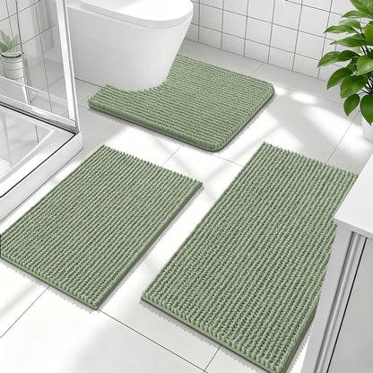 OLANLY Bathroom Rugs Sets 3 Piece, Super Soft Absorbent Chenille Bath Mats and U-Shaped Toilet Rug, Quick Dry, Home Decor, Bath Mat Set for Bathroom (24"x16"+24"x20"+30"x20", Grey)