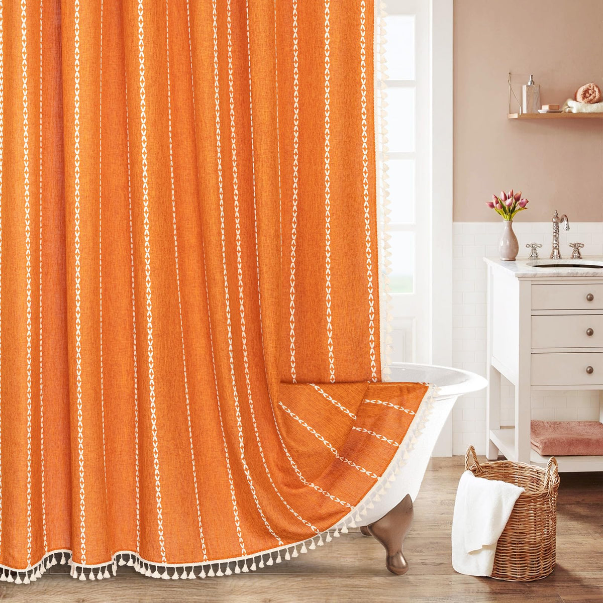 Boho Farmhouse Tassel Linen Shower Curtain,3D Embroidery Stripe Black,72x72