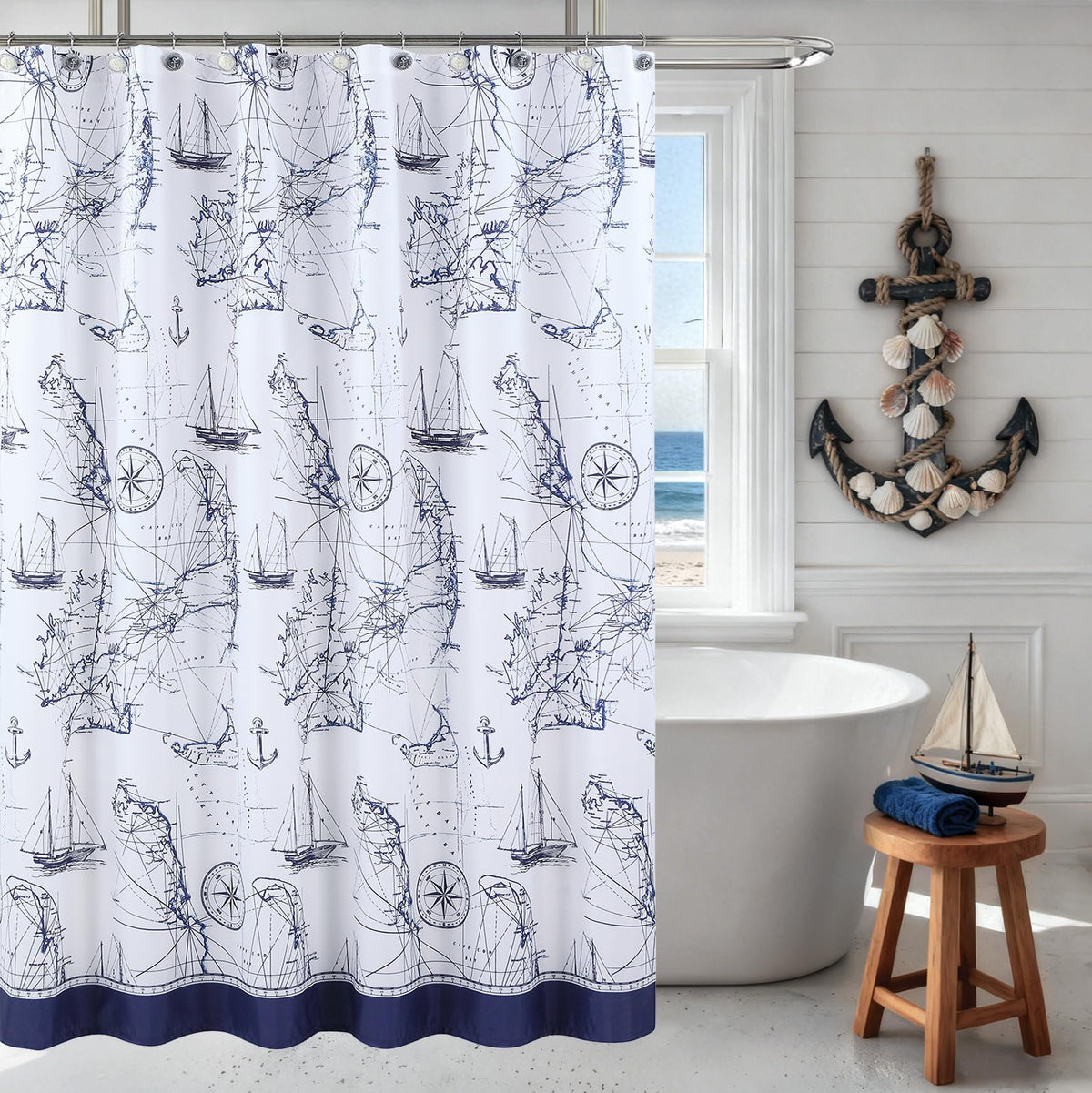 Coastal Seashell Fabric Shower Curtain, Under The Sea Beach Ocean Theme Shower Curtain with Starfish & Coral, Waterproof Blue Nautical Decorative Bathroom Curtains, 72" W x 72" H
