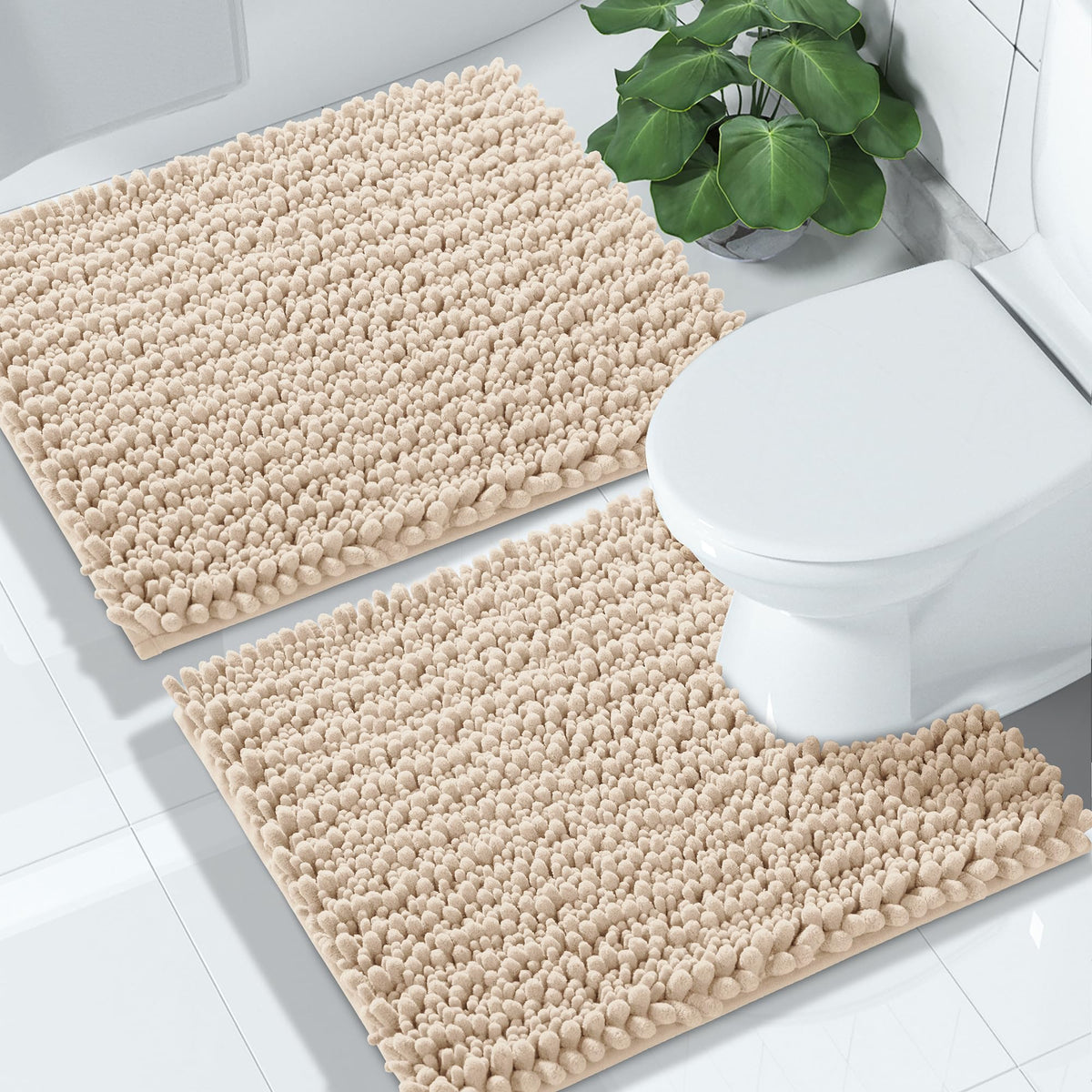 Yimobra Bathroom Rugs Sets 2 Piece - Quick Dry Extra Thick Luxury Chenille Bath Mat, Non Slip Super Absorbent for Tub Shower Sink, Machine Washable Shaggy Floor Mat, 32"x20"+24"x17" Inch, Pale Khaki