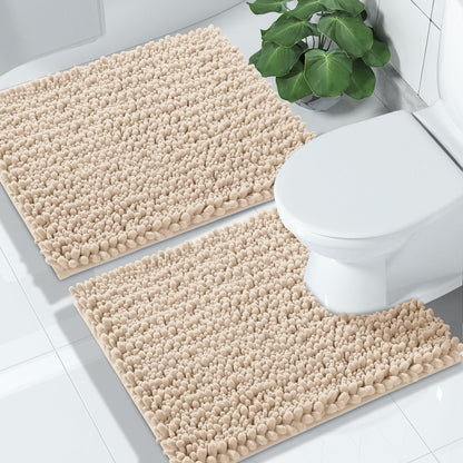 Yimobra Bathroom Rugs Sets 2 Piece - Quick Dry Extra Thick Luxury Chenille Bath Mat, Non Slip Super Absorbent for Tub Shower Sink, Machine Washable Shaggy Floor Mat, 32"x20"+24"x17" Inch, Pale Khaki