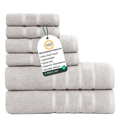 Feather & Stitch 100% Cotton 625 GSM Bath Towel Set of 6, Ultra Soft Highly Absorbent 2 Bath Towels, 2 Hand Towels & 2 Washcloth - Luxury Quick Dry Shower Towels (Ivory)