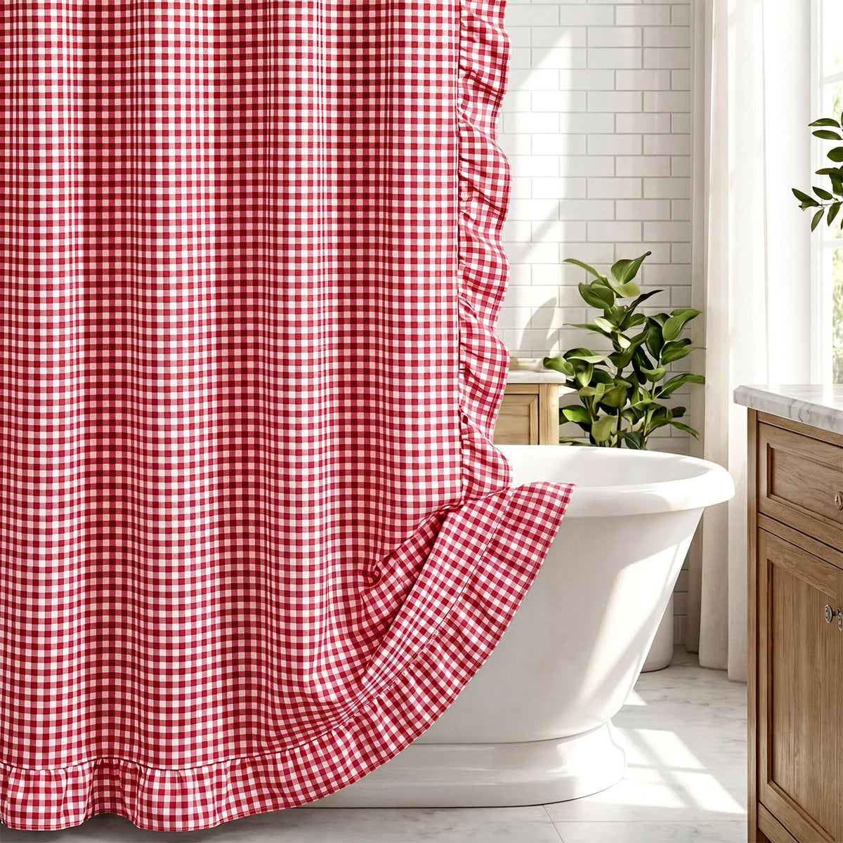 HunnmingRe Ruffle Hem Gingham Shower Curtain Sage Green