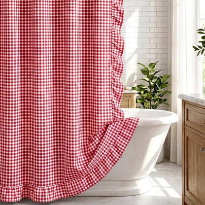 HunnmingRe Ruffle Hem Gingham Shower Curtain Sage Green