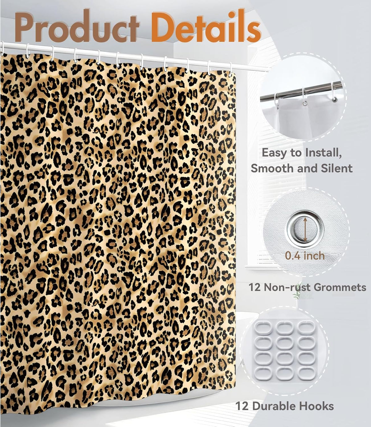 MAMUSE Shower Curtain for Bathroom - Cute Aesthetic Decorative Modern Girly Unique Girls Design Pretty Women Waterproof Fabric Cloth Cortinas de Baño Bathtub 72 x 72 Inch, Leopard Print