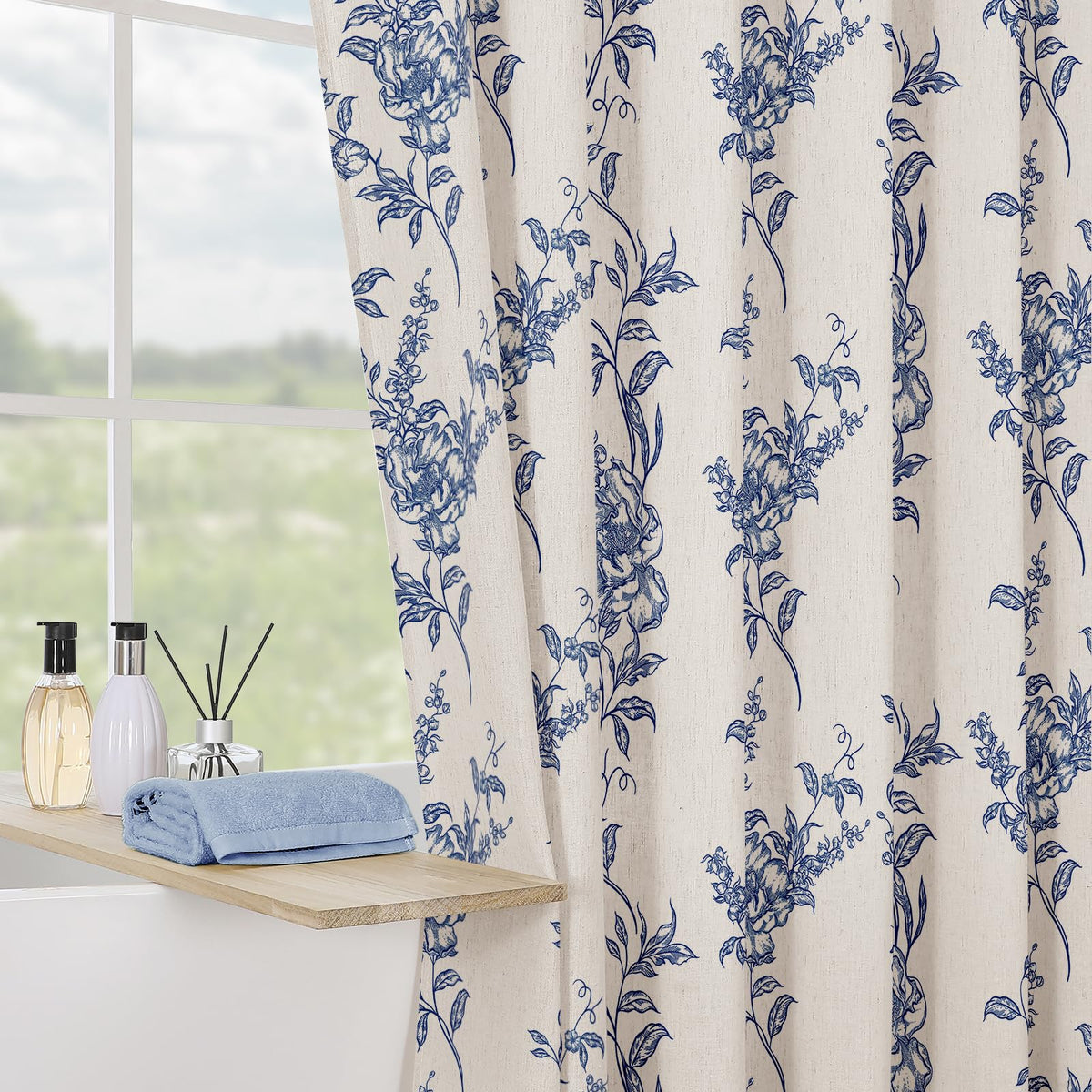 Sage Linen Farmhouse Shower Curtain, Boho Floral Bathroom 72x72