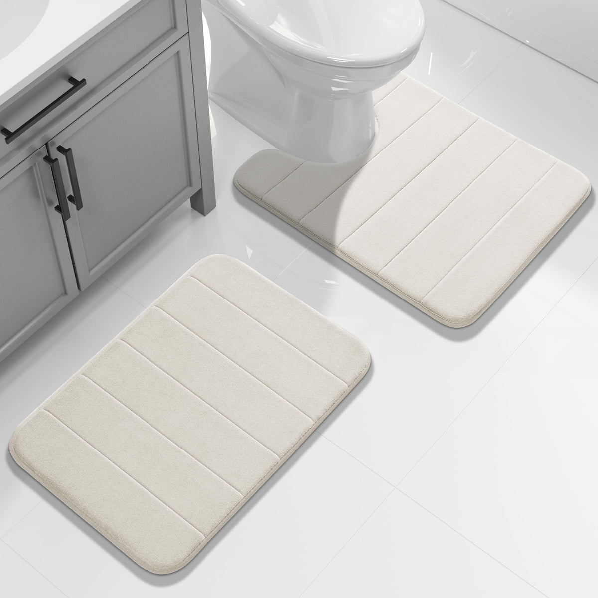 Yimobra Memory Foam Bathroom Rugs Sets 2 Piece - Super Soft Absorbent Quick Dry Bath Mat Set, Machine Washable Non Slip Floor Carpet for Tub Shower & Single Sink (17x24 & 31.5x20 Inch, Black)