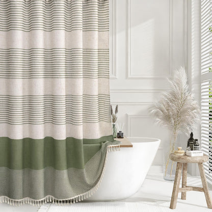 Navy Blue Coastal Ocean Linen Striped Shower Curtain with Tassel 72W X 72L