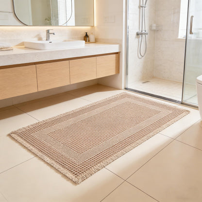 Waffle Bath Mat Non Slip, Boho Bathroom Rug, White/Taupe, 16"x24"