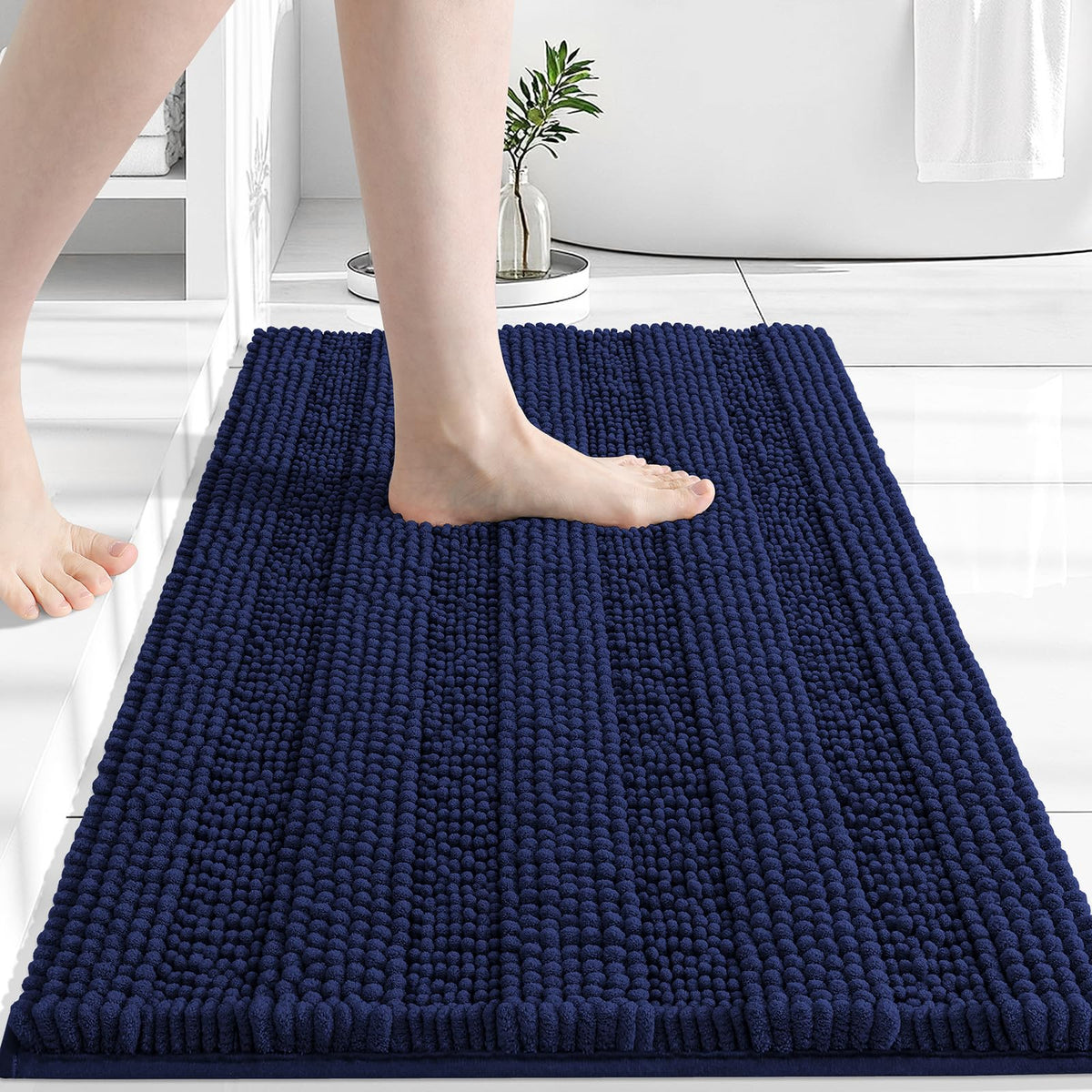 Grandaily Chenille Striped Bathroom Rugs 36x24, Extra Thick and Absorbent Bath Mats, Non-Slip Soft Plush Shaggy Shower Carpet, Machine Wash Dry, Bath Rug for Bathroom, (Large, Light Grey)