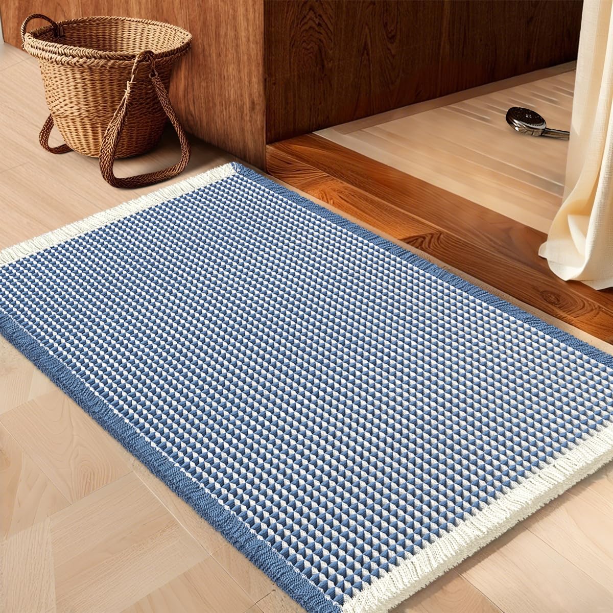 IM HOME Waffle Bath Mat Beige 32"x20", Boho Woven Modern Bath Mat Rugs, Absorbent Non Slip Bathroom Rugs, Soft Washable Bath Rugs with Tassels for Bathroom, Bedroom, Kitchen, Shower, Tub